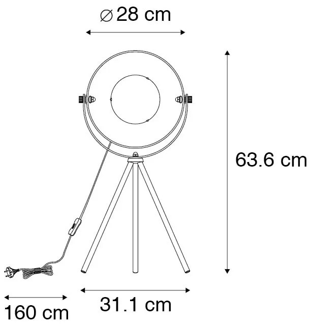 Candeeiro de mesa tripé preto/dourado dirigível 63,3cm - MAGNAX Industrial