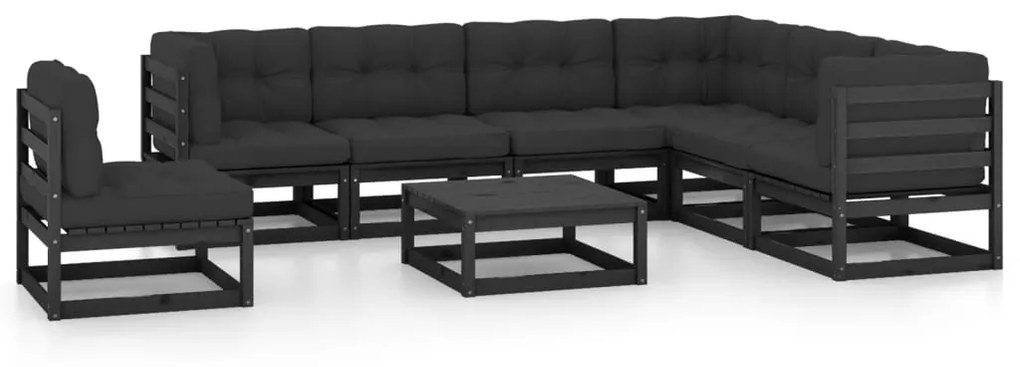 vidaXL 8 pcs conjunto lounge jardim c/ almofadões pinho maciço preto
