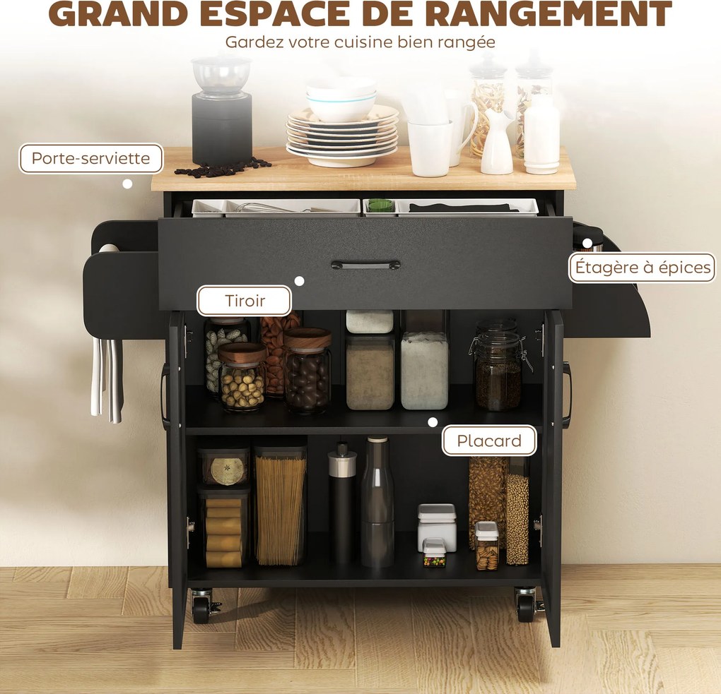 Carrinho de cozinha 105 x 36 x 85 cm em ilha com múltiplas opções de arrumação: gavetas, armário de 2 portas com prateleira ajustável, preto