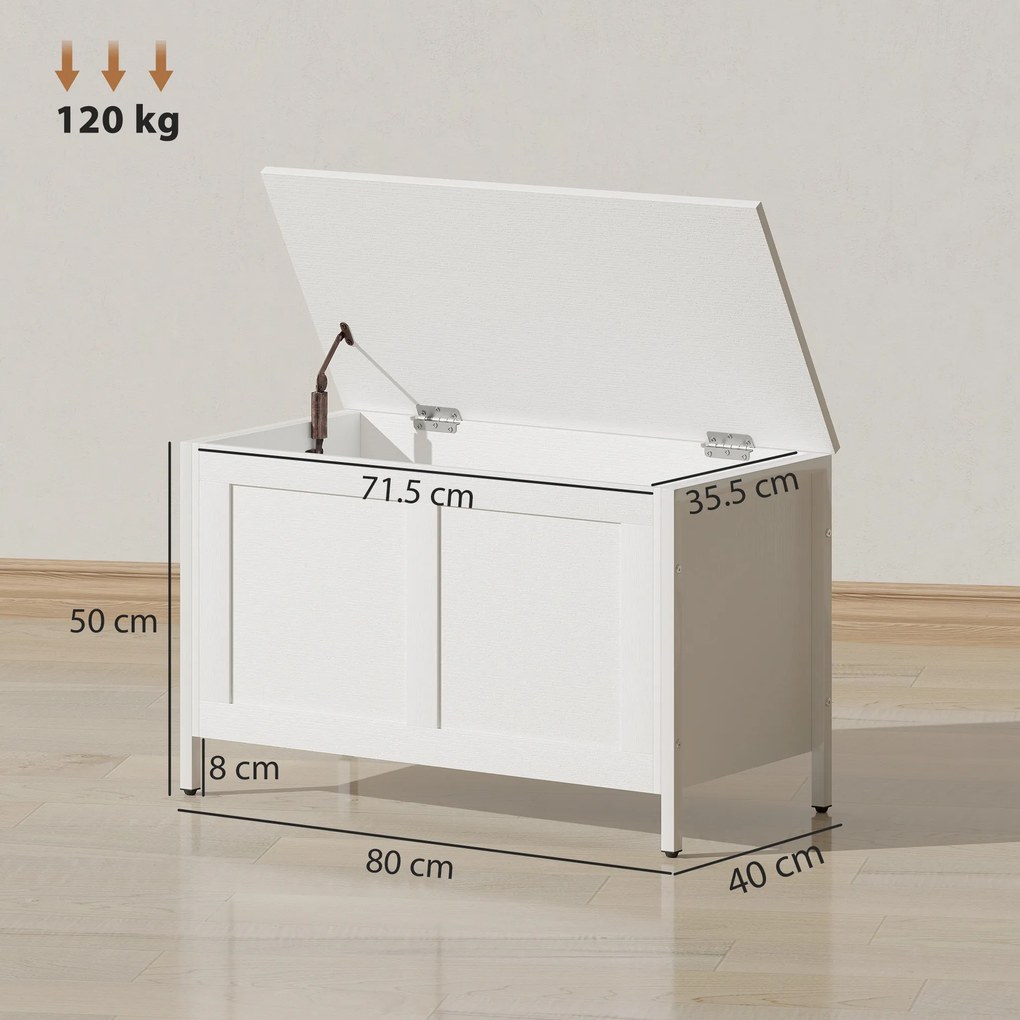 Baú de Armazenamento 95L Baú de Arrumação com Tampa Banco de Armazenamento com Dobradiça de Segurança 80x40x50 cm Branco