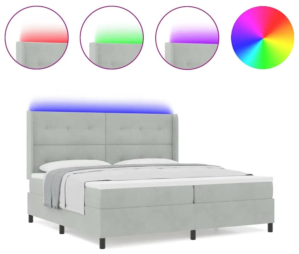 Cama Box com Colchão e Luz LED Cinza Claro 200x200 cm Veludo