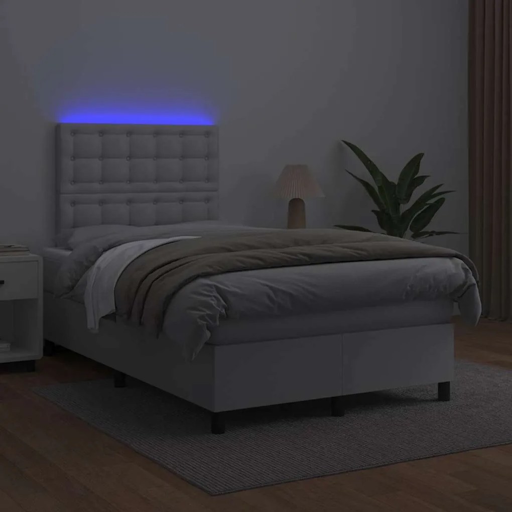 Cama box spring c/colchão/LED 120x190cm couro artificial branco