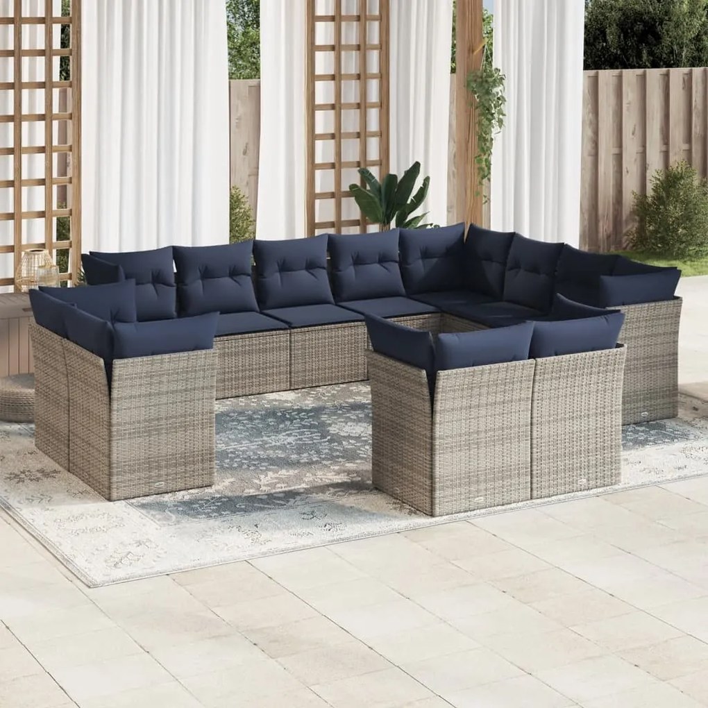 vidaXL 12 pcs conjunto sofás p/ jardim c/ almofadões vime PE cinzento