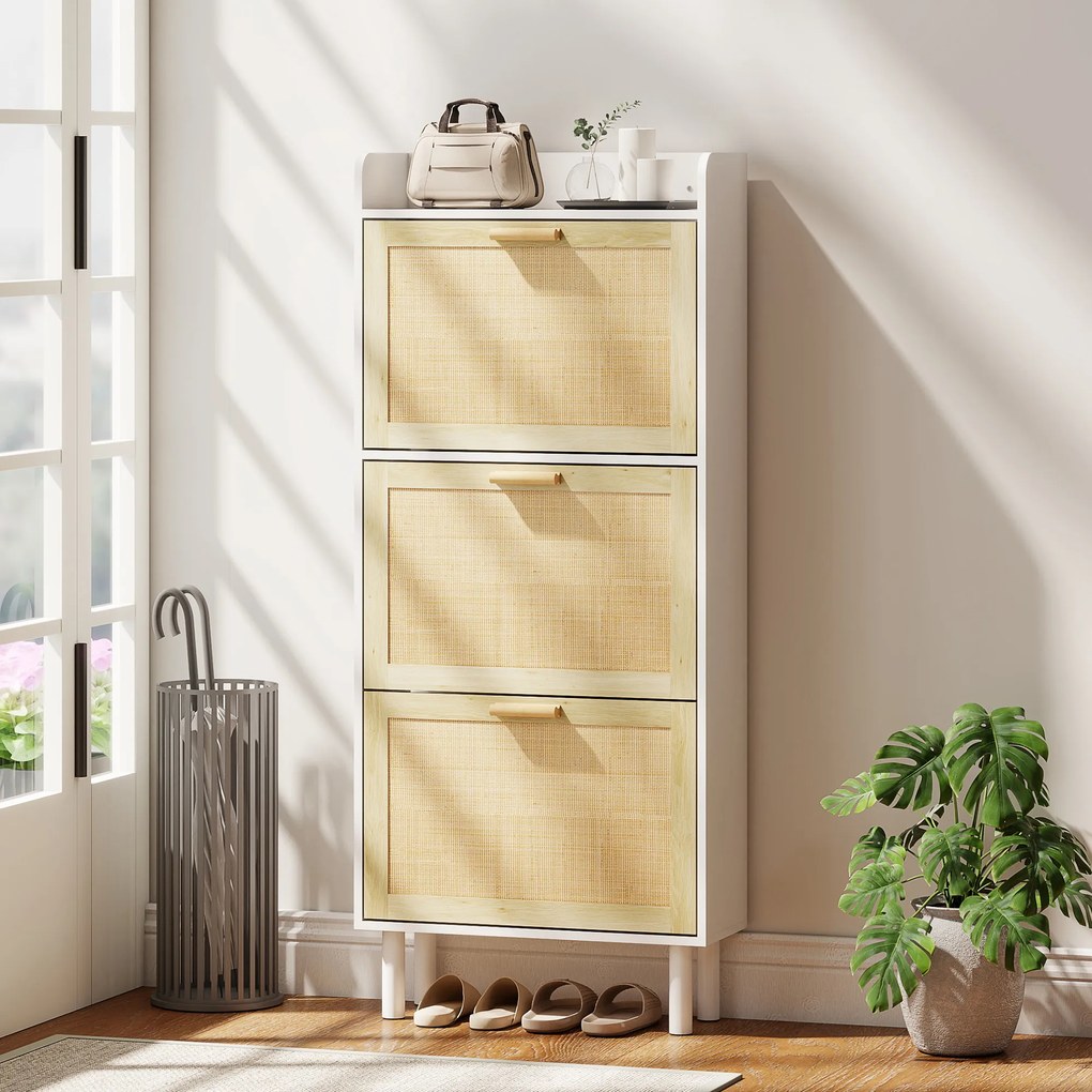 Sapateira com 3 portas basculantes e prateleira com efeito de resina trançada, estilo boémio, 65 x 24,5 x 153 cm, branco