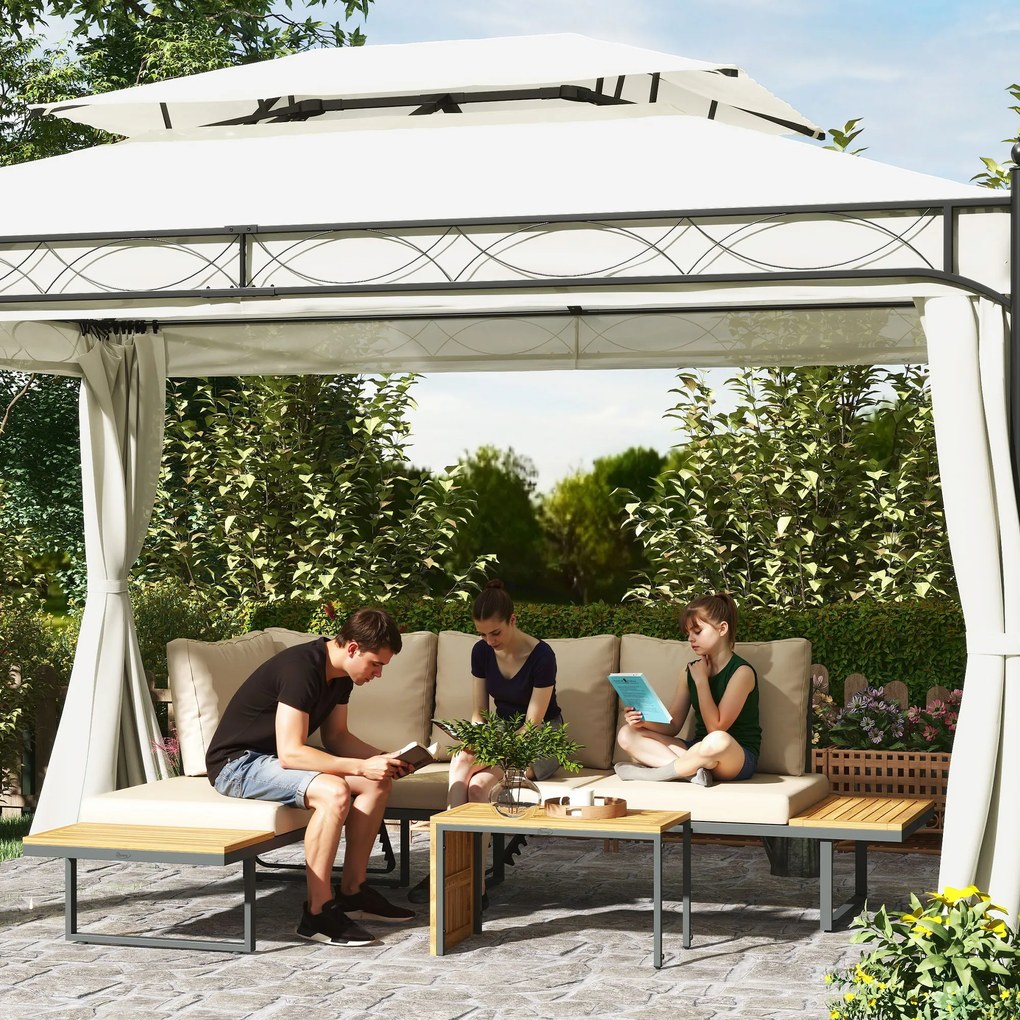 Conjunto de Móveis de Jardim Sofás de Exterior em Forma de L com 2 Sofás de 3 Lugares Assento Ajustável e Mesa Bege e Cinza