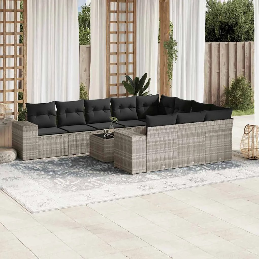 11 pcs conjunto sofás de jardim c/ almofadões vime PE cinzento