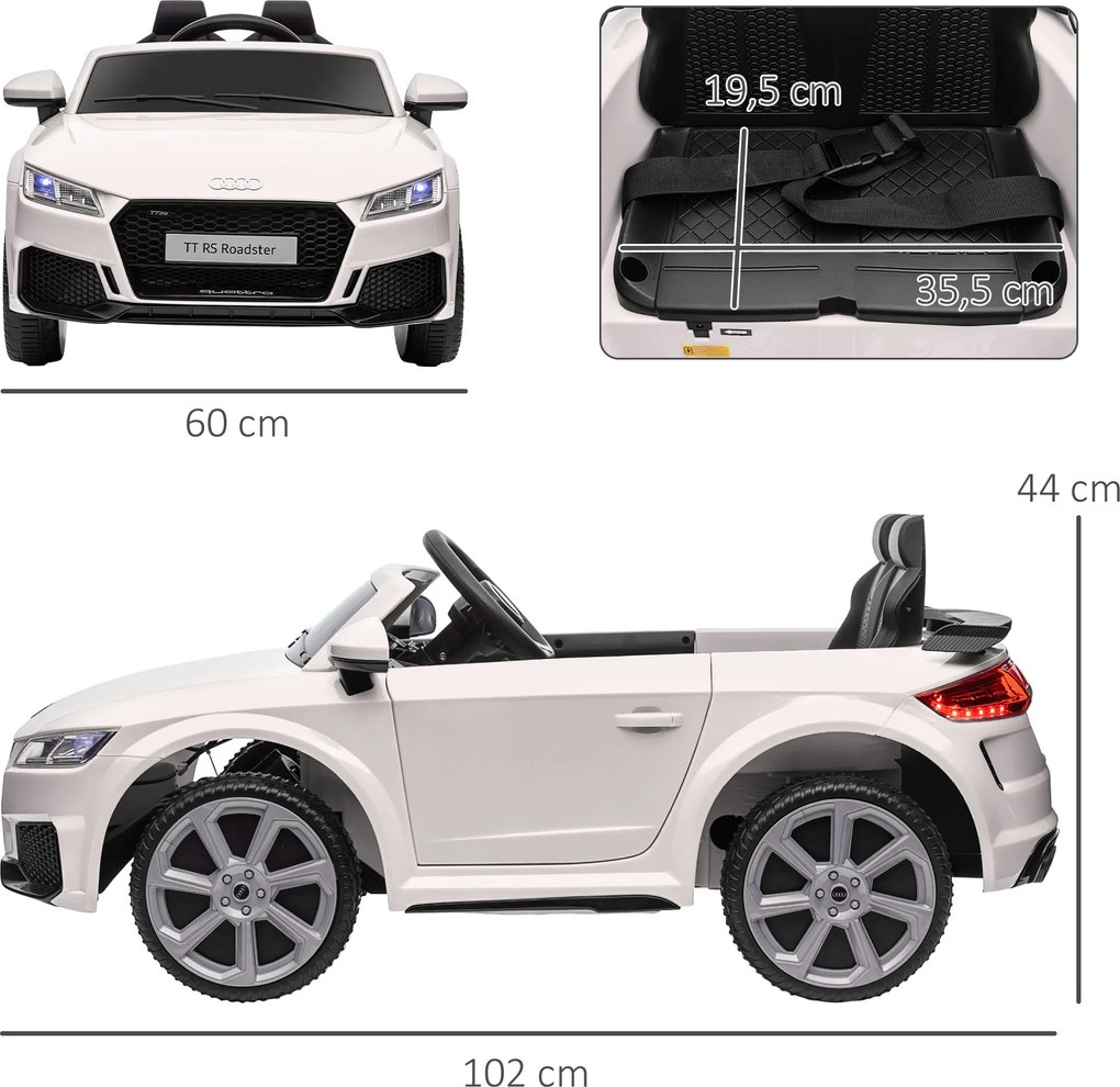 Carro Elétrico Audi TT para Crianças acima de 3-5 anos com Controlo Remoto Música e Luzes Bateria 12V 102x60x44 cm Branco