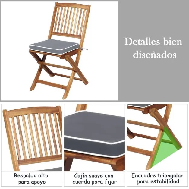 Conjunto dobrável para Jardim Bistro Mesa e cadeiras de madeira dobráveis com almofadas macias para terraço jardim Cinzento e Castanho