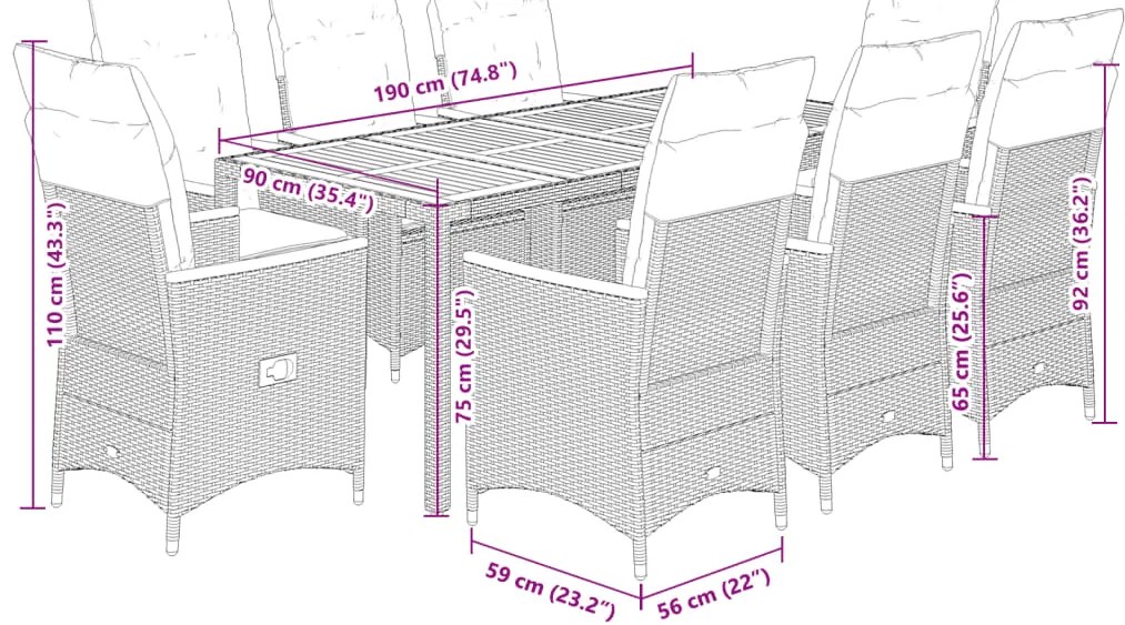 9 pcs conjunto de jantar p/ jardim c/ almofadões vime PE cinza