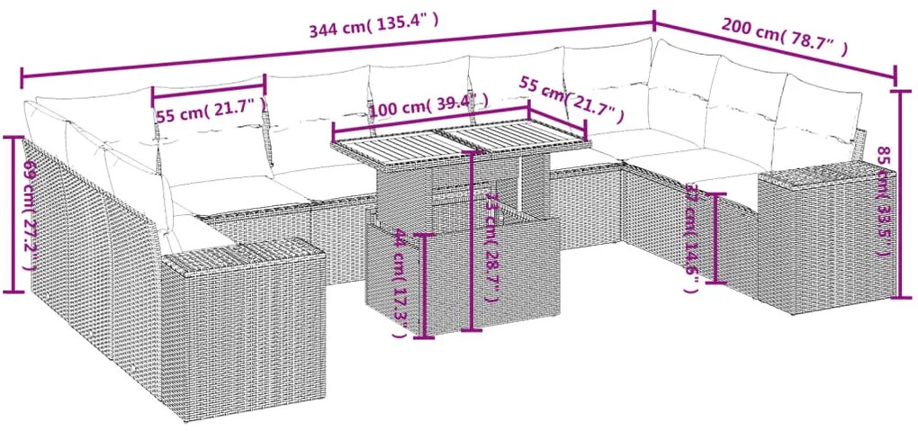 11 pcs conjunto sofás de jardim c/ almofadões vime PE preto
