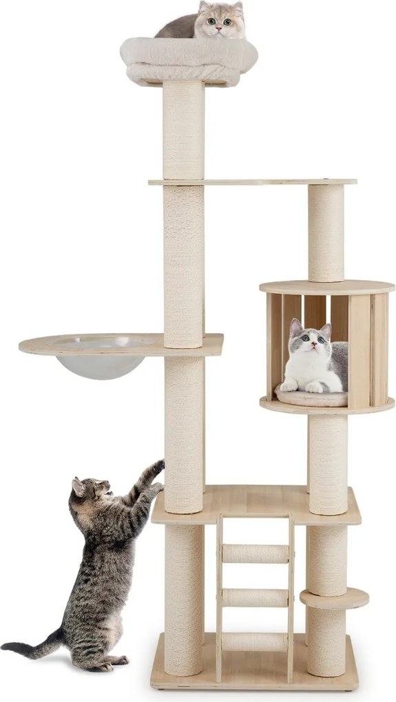 Arranhador para gatos de madeira 185 CM com Postes para arranhar Escada Suporte para trepar Natural