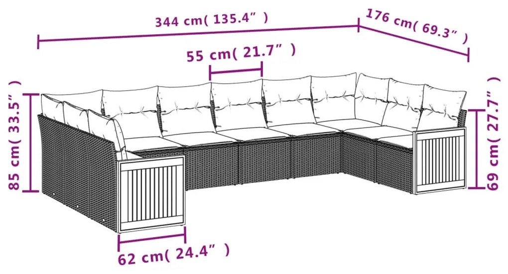 10 pcs conjunto sofás de jardim c/ almofadões vime PE cinzento