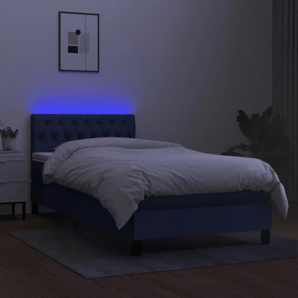 Cama box spring c/ colchão e LED 100x200 cm tecido azul