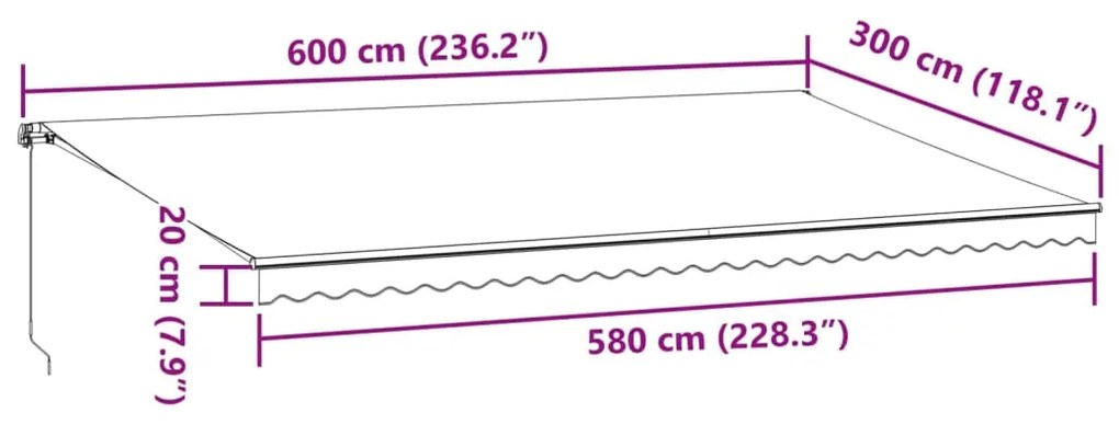 Toldo retrátil manual com luz LED 600x300 cm castanho