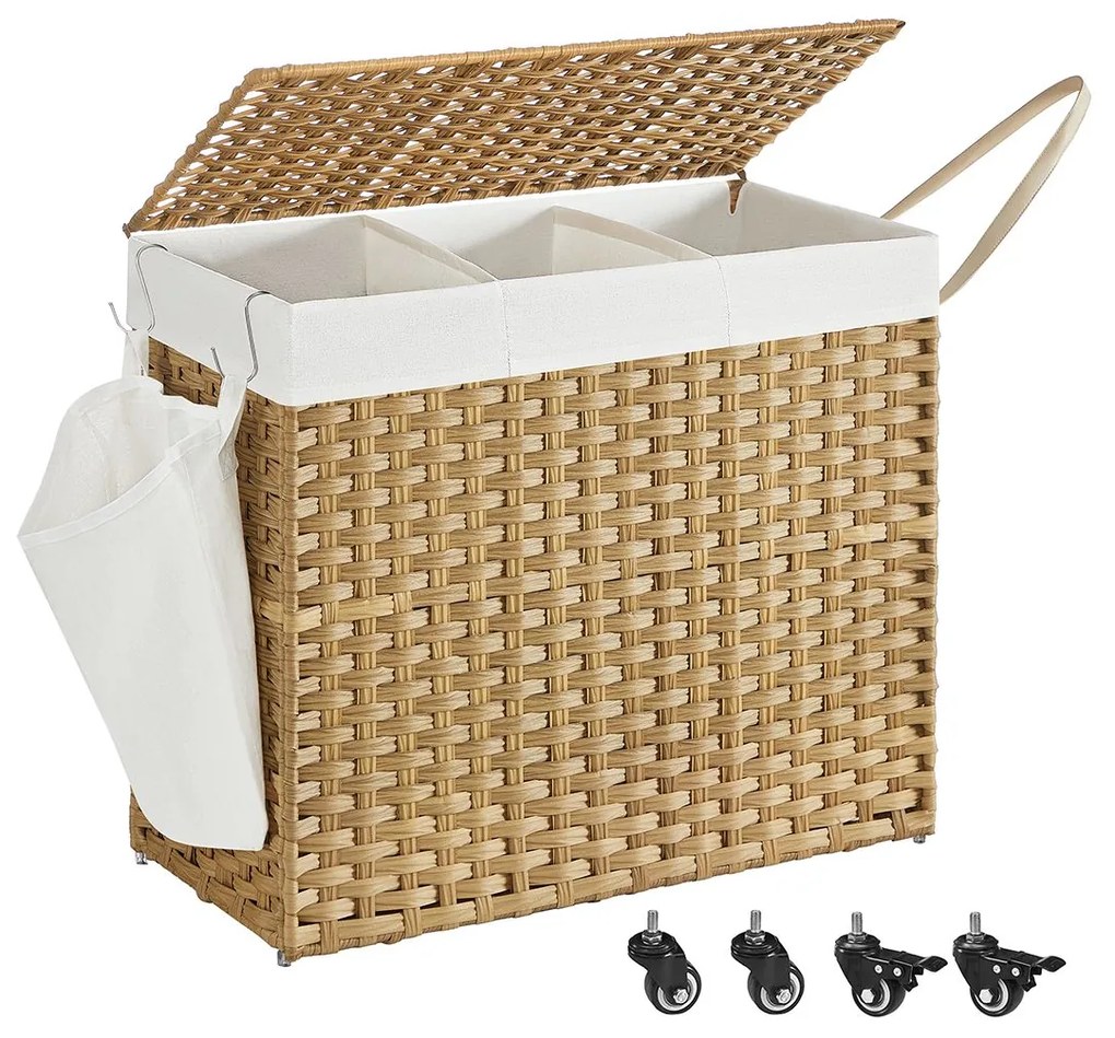 Cesto para roupa suja dobrável com 3 compartimentos e bolso lateral 70 x 36 x 66 cm Cor natural