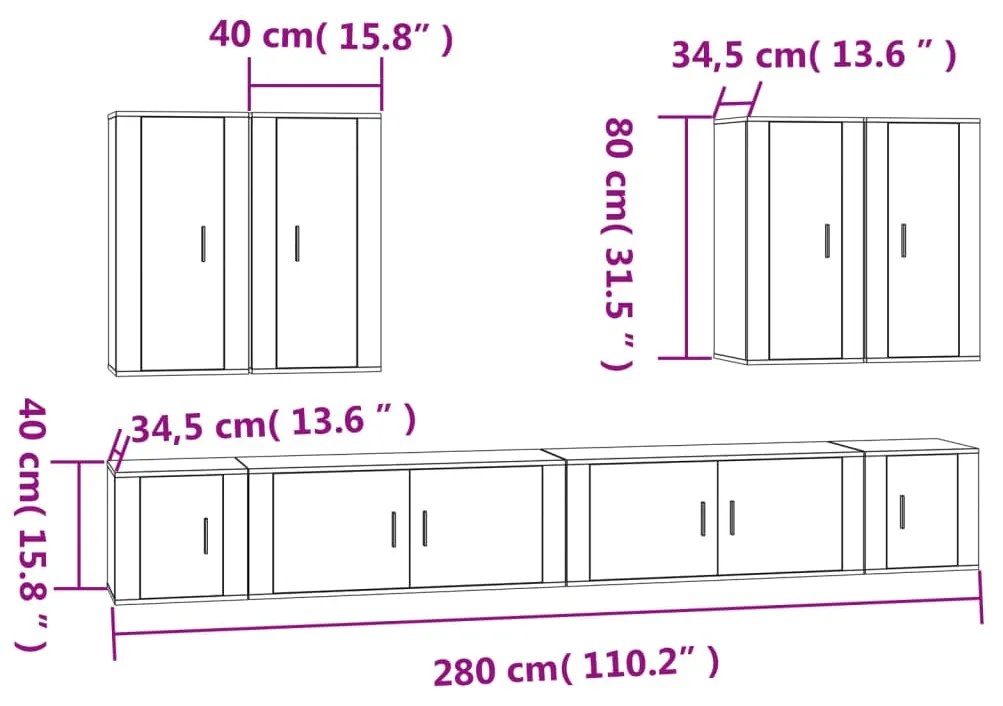 8 pcs conjunto móveis de TV madeira processada branco brilhante