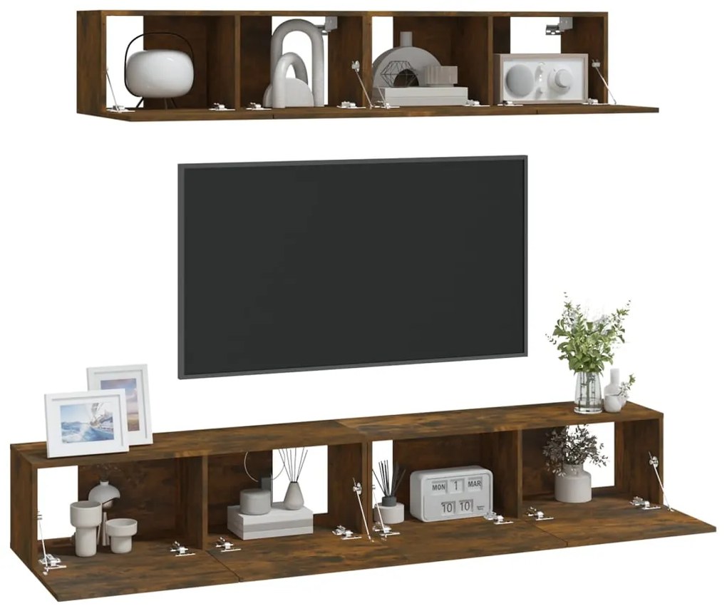 Conjunto móveis de TV 4 pcs madeira processada carvalho fumado
