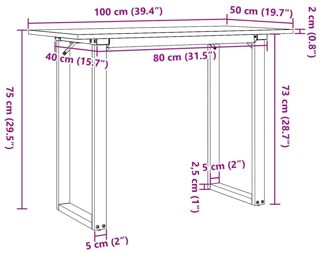 Mesa de jantar estrutura em O 100x50x75cm pinho e aço