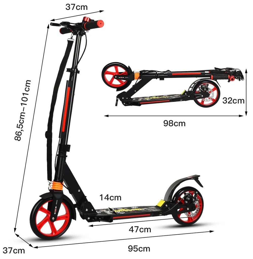 Trotinete durável e dobrável com rodas e guiador ajustável para crianças + 8 anos Preto 95 x 37 x 86,5 x 86,5-101 cm Preta