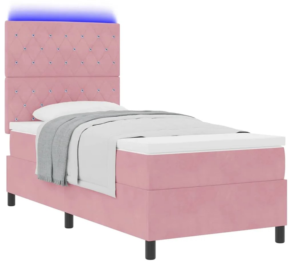 Cama Box Spring com Colchão e LED Rosa 90x190 cm Veludo