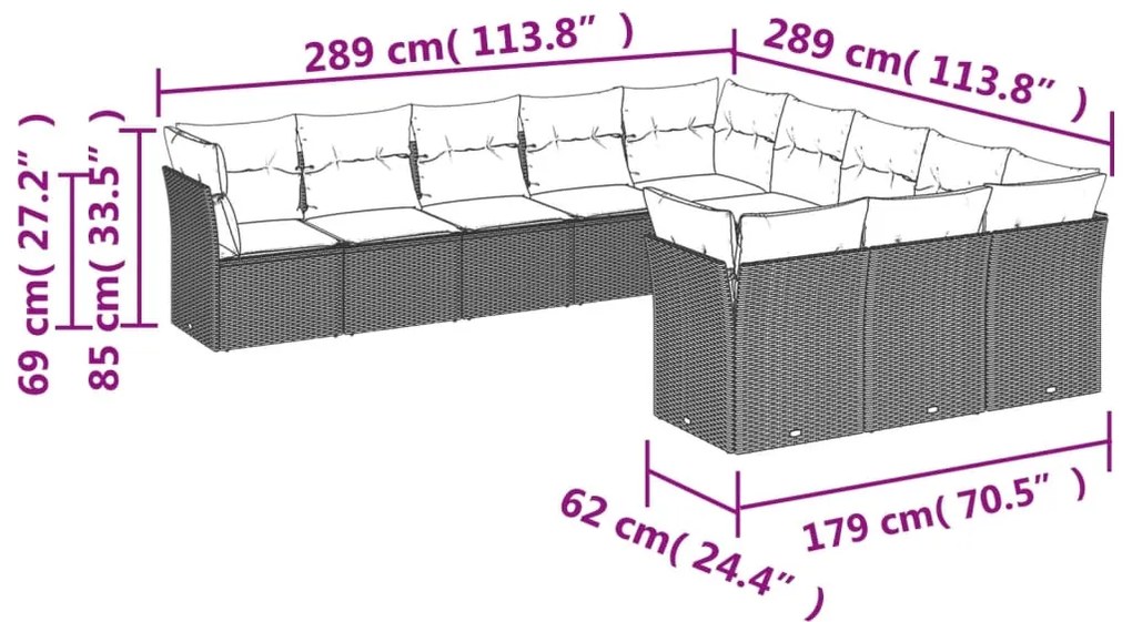 11 pcs conjunto sofás de jardim c/ almofadões vime PE bege