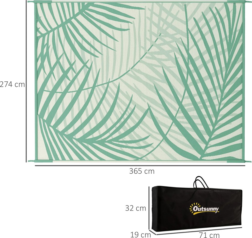 Tapete de jardim para exterior reversível, 365 x 274 cm, impermeável, com padrão de folhagem e saco de transporte, verde-creme
