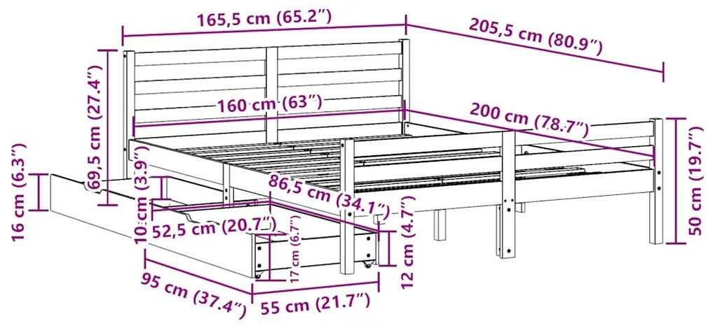 Cama sem colchão 160x200 cm madeira de pinho maciça branco
