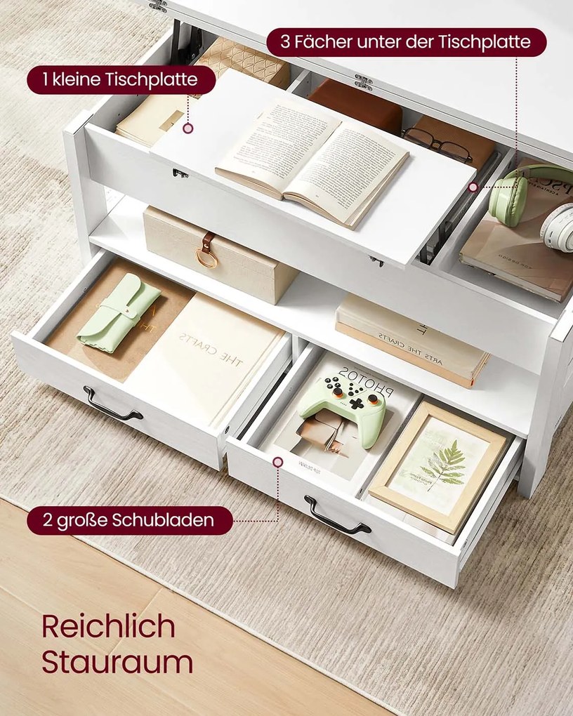 Mesa de centro com altura ajustável 50 x 100 x 49,1 cm/64,1 cm, gavetas e compartimentos Branca