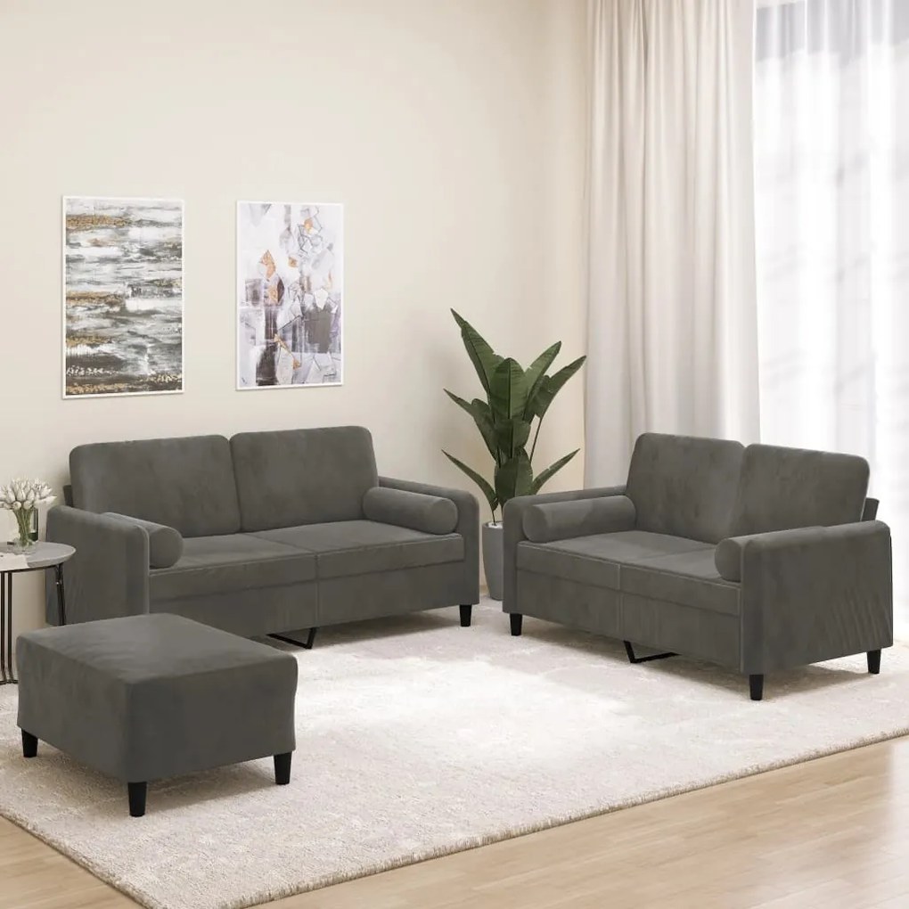 vidaXL 3pcs conjunto sofás c/ almofadas/almofadões veludo cinza-escuro