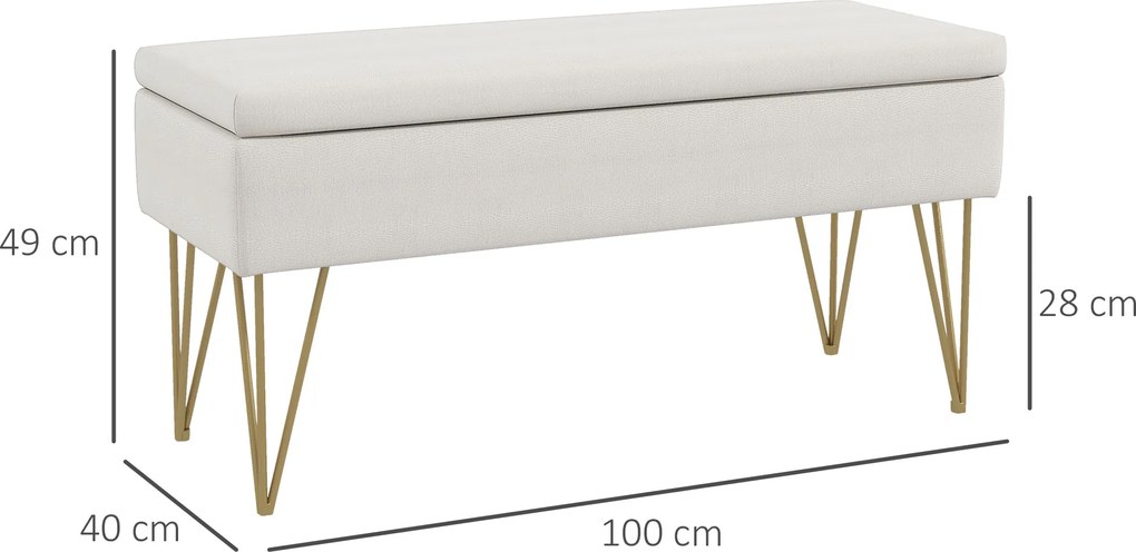 Banco com baú de arrumação 2 em 1 em tecido com pés em forma de alfinete em aço dourado 100 x 40 x 49 cm creme