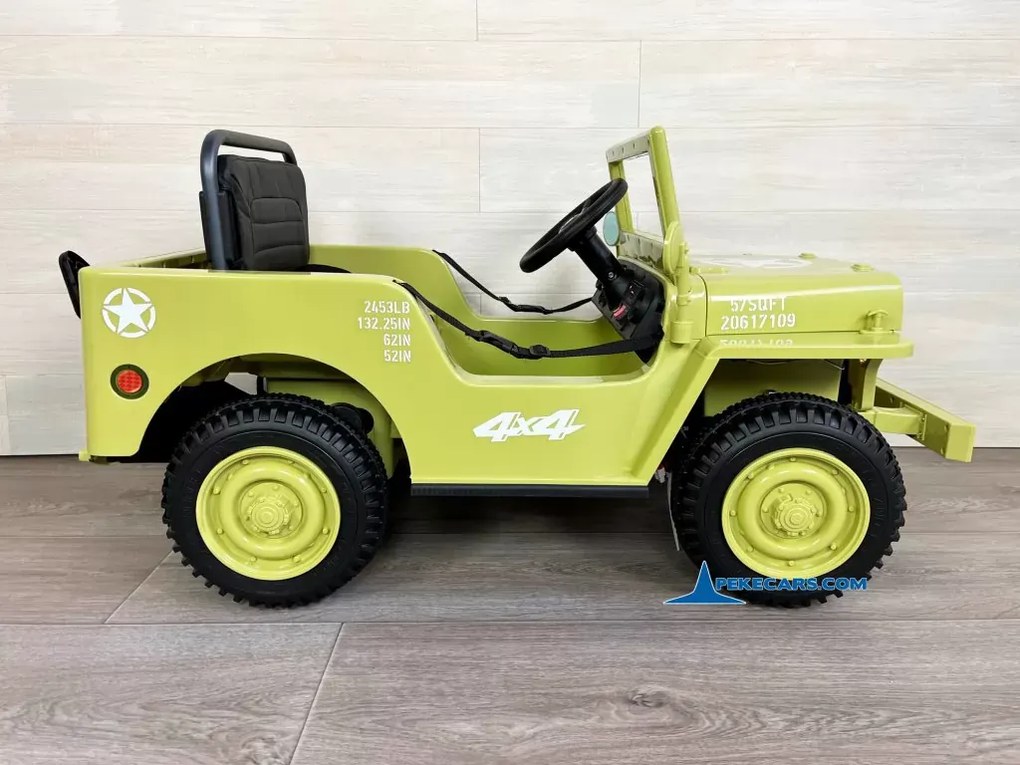 Jipe Willys 12V 1 Lugar 4x4 elétrico para crianças Todo terreno, rodas de borracha, assento Couro sintético cáqui militar