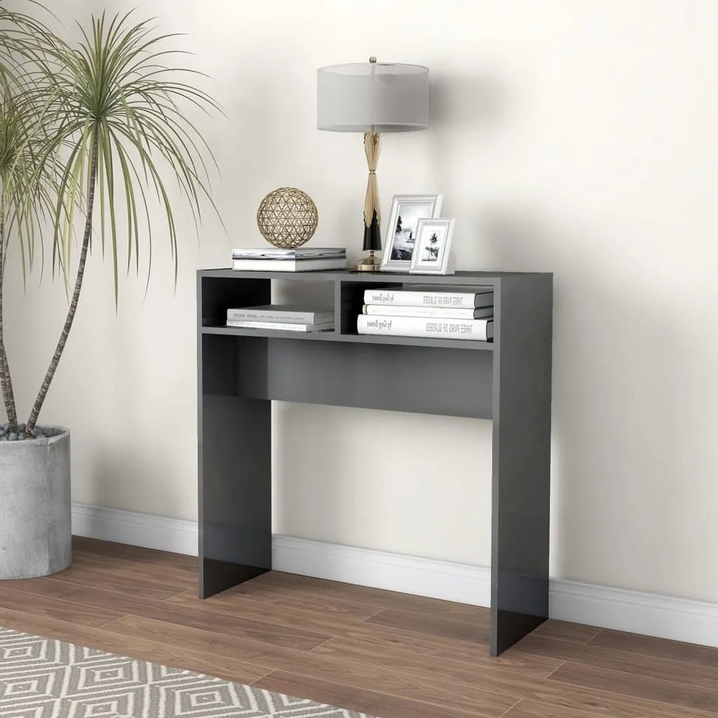 vidaXL Mesa consola 78x30x80 cm contraplacado cinzento brilhante