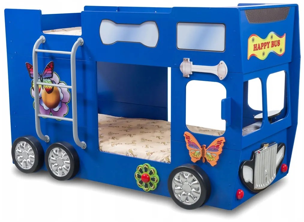 Cama para criança Beliche Autocarro 207 x 116 x 150 cm com Luzes LED 2 colchões e estrados incluídos, capacidade de 100 kg Azul