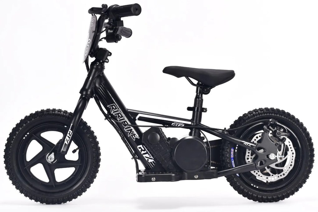 Bicicleta eléctrica para crianças RIRIBIKE RTX3 24V (12"), bateria de lítio, motor de 100W, travão de disco, assento ajustável em PU macio Preta