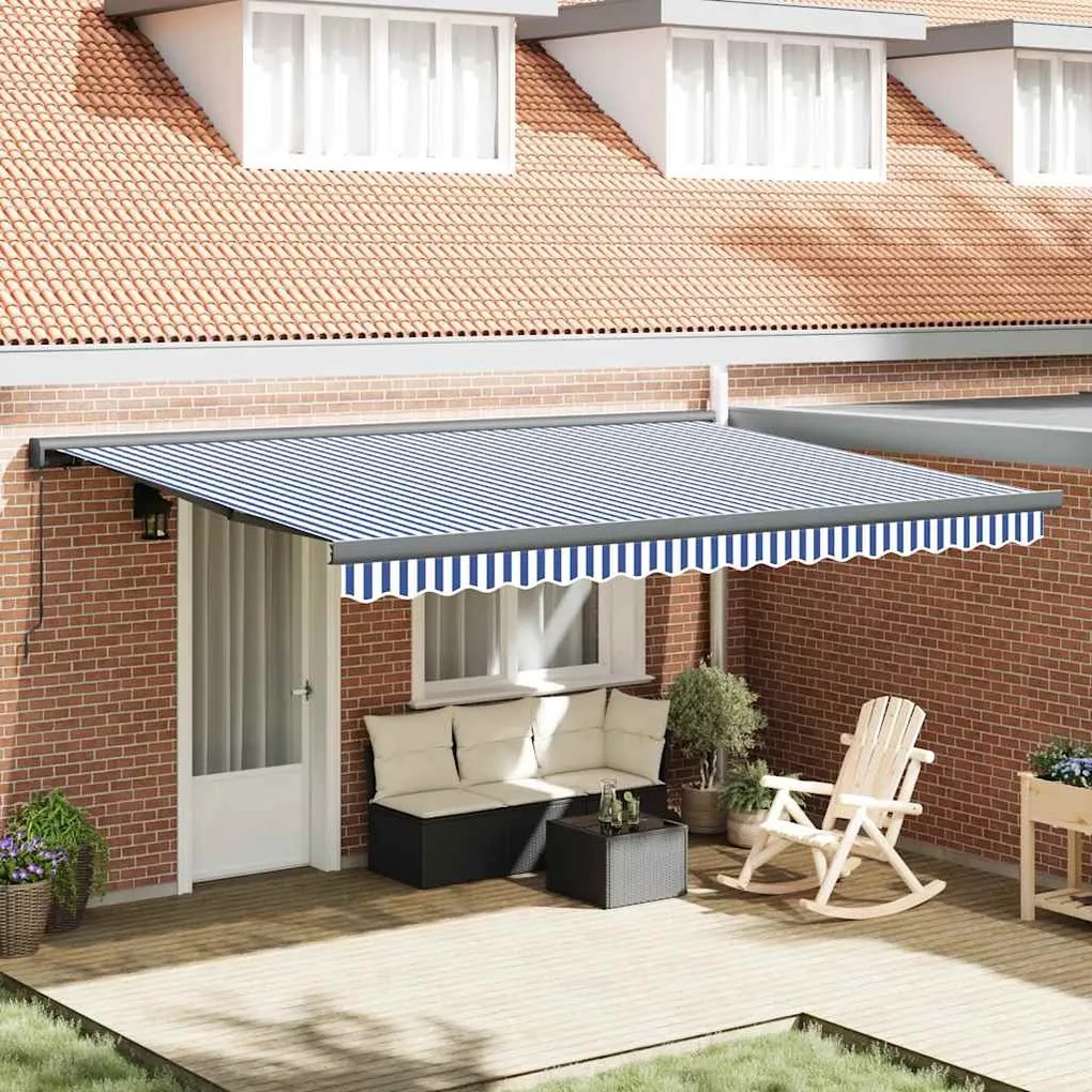 vidaXL Toldo retrátil 4,5x3 m tecido e alumínio azul e branco