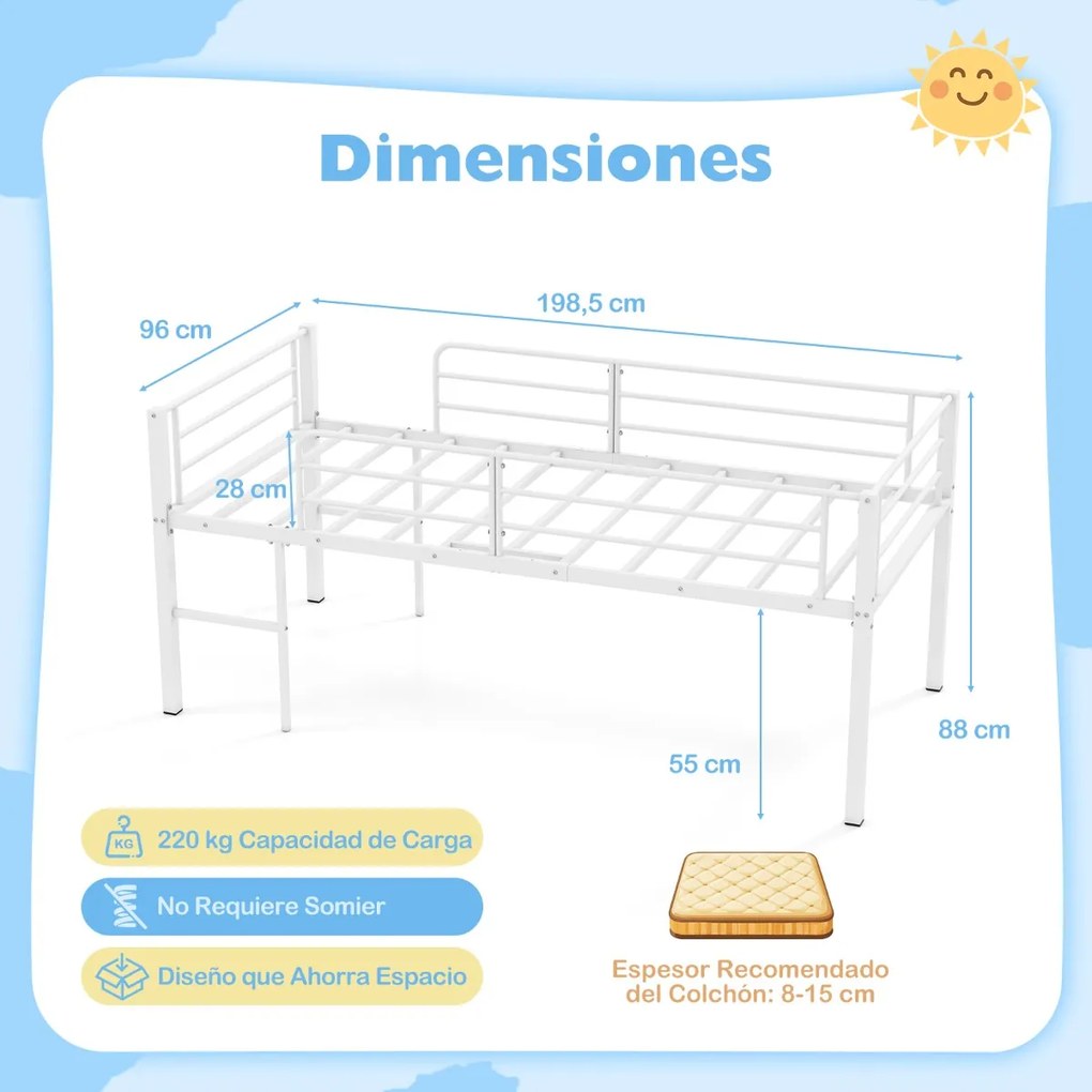 Cama Criança 198,5 x 96 x 88 cm tipo alta (COLCHÃO NÃO INCLUIDO) com baixa estrutura metálica com grades de segurança e 2 escadas com degraus metálico