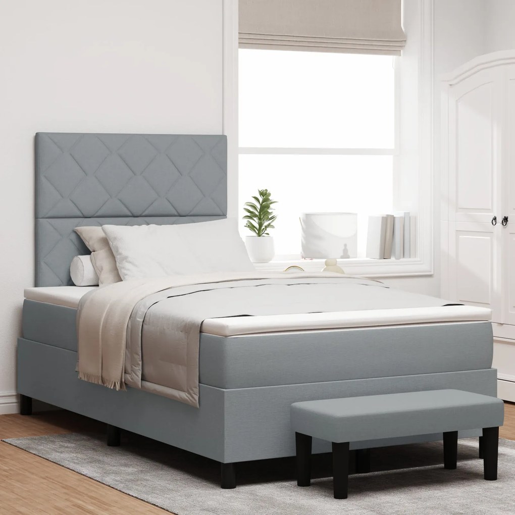 Cama Box Spring com Colchão &amp; Banco Cinza Claro 120x200 cm Tecido