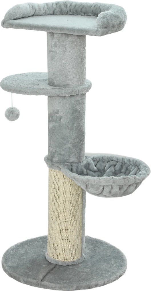 Arranhador para gatos em forma de barril com arranhador de sisal, rede, plataforma e bola de brincar, Ø 48 x 103,5 cm, cinzento claro