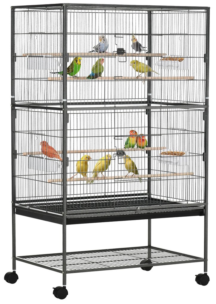 PawHut Gaiola para Pássaros Grande Cinza com Rodas 4 Portas 4 Comedouros Bandeja Amovível Prateleira de Armazenamento 78x52x132cm | Aosom Portugal
