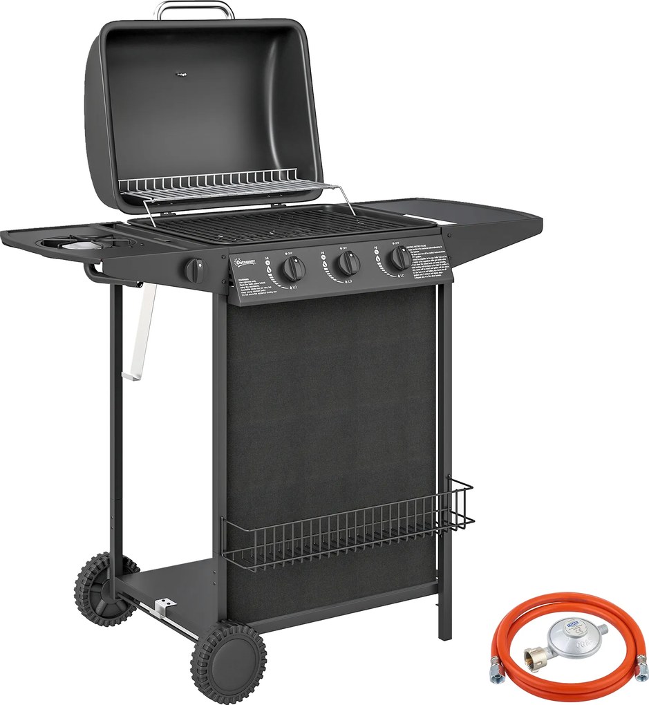 Outsunny Barbecue Gás 3+1 Queimadores 9,5 kW Termómetro Grelha Fácil Limpeza Recolhedor Gordura 2 Rodas 108x54x97 cm Preto | Aosom Portugal