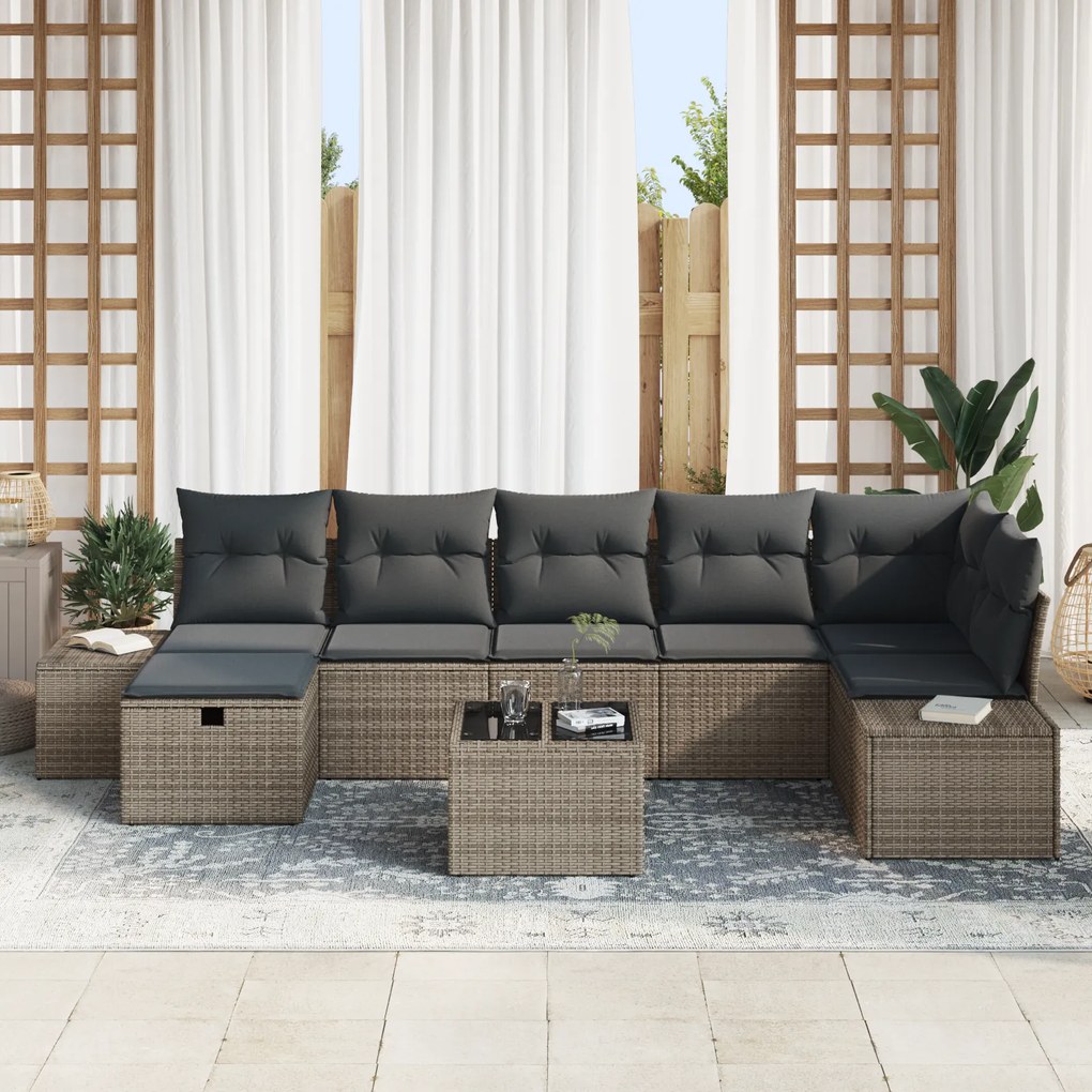 Conjunto de Sofá de Jardim de 8 Peças com Almofadas Cinzas de Vime
