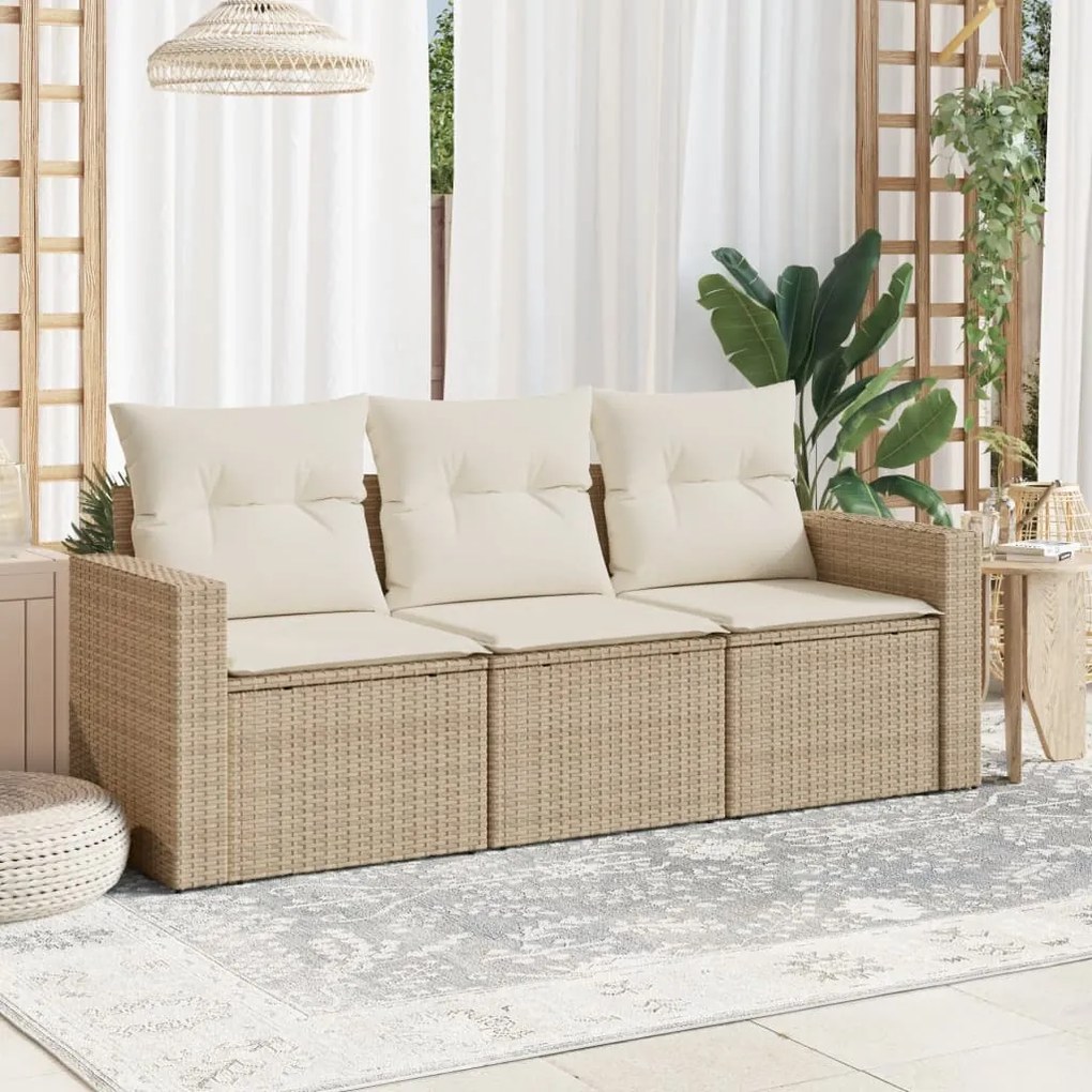 vidaXL 3 pcs conjunto de sofás p/ jardim com almofadões vime PE bege