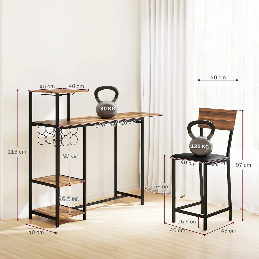 Conjunto de Mesa e Bancos de Bar Mesa Alta de Cozinha com 2 Bancos Laterais Rebatíveis Suporte para Vinhos e Prateleiras Castanho e Preto