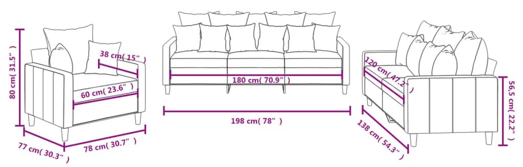 3 pcs conjunto de sofás com almofadões veludo castanho