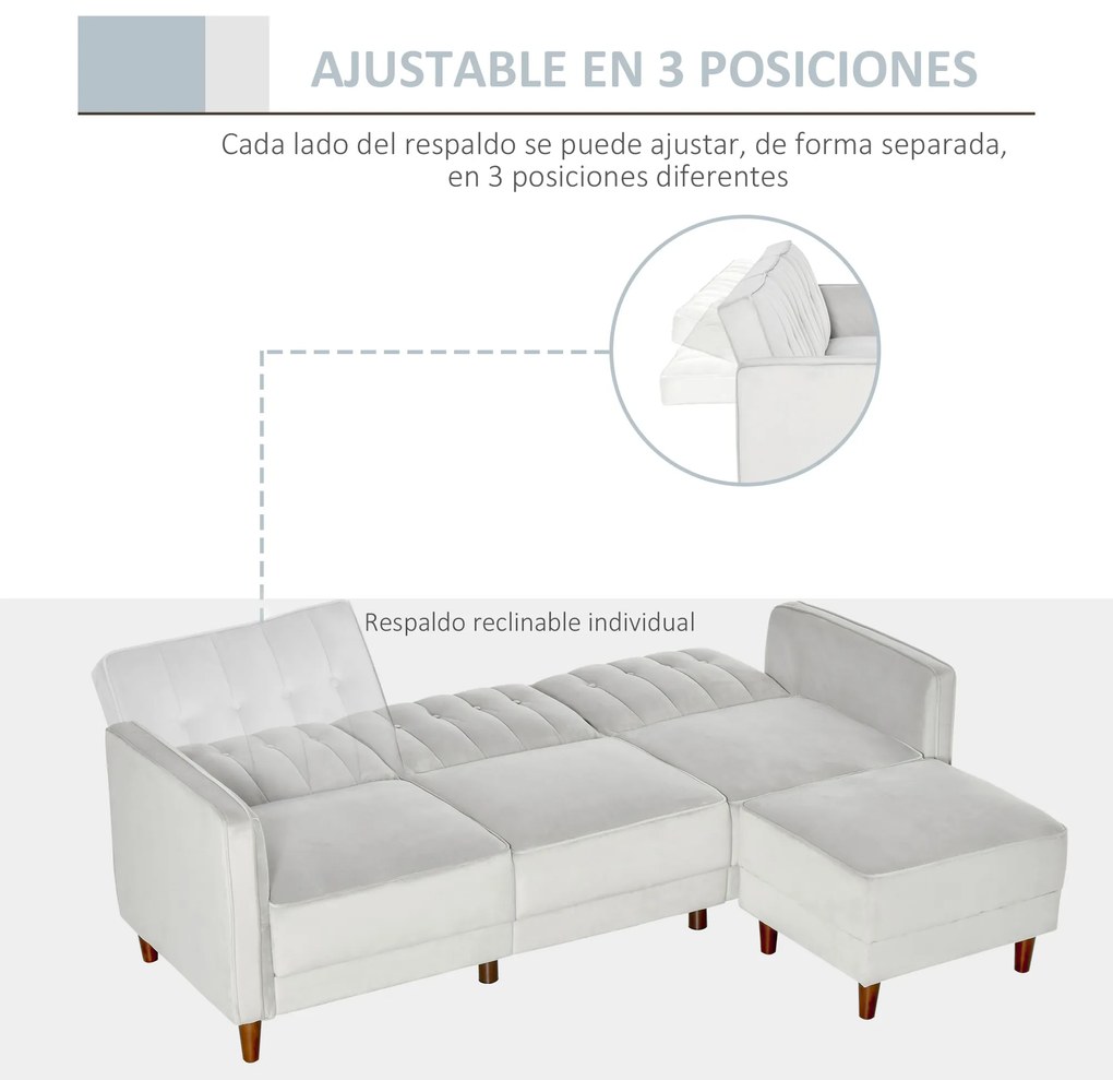 HOMCOM Sofá Cama com Chaise Longue de 3 Lugares Tato Aveludado com Encosto Ajustável e Apoio para os Pés Móvel 218x85x86cm Cinza Claro