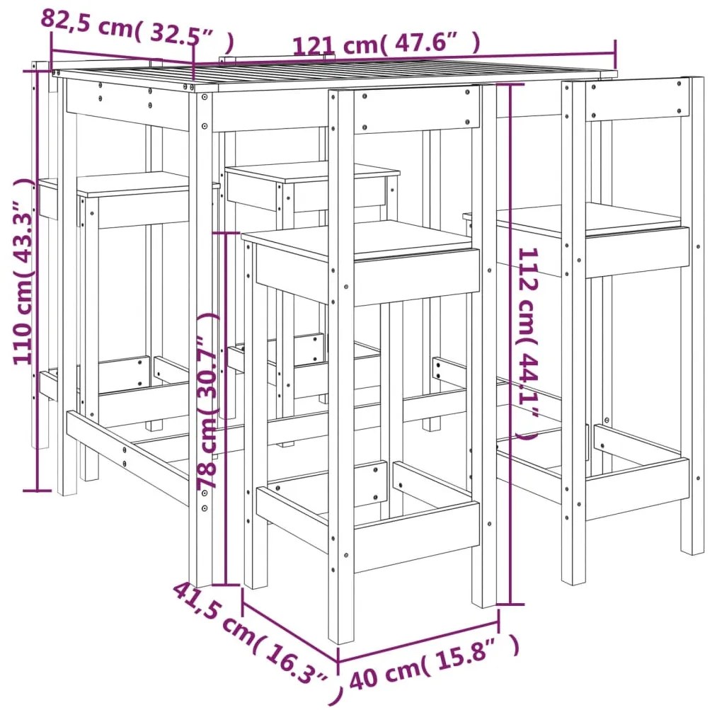 5 pcs conjunto de bar para jardim pinho maciço