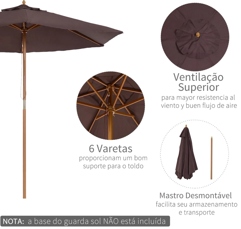 Chapéu de Sol Ø250x230cm Chapéu de Sol com Mastro de Madeira com 6 Hastes Sistema de Polia com Fixação para Jardim Pátio Terraço Castanho
