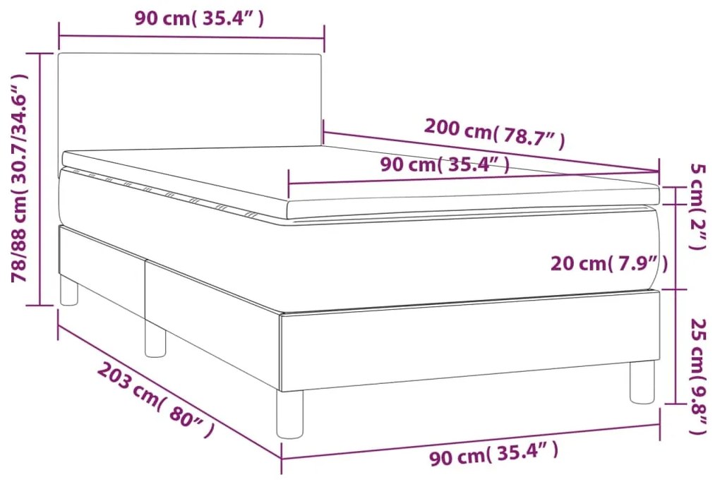 Cama box spring c/ colchão e LED 90x200 cm tecido azul