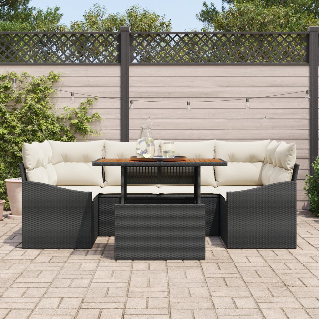 Conjunto de Sofá de Jardim de 7 Peças com Almofadas Preto Polirattan