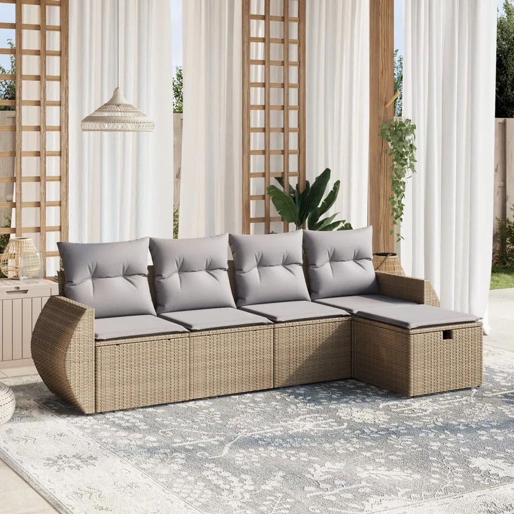 vidaXL 5 pcs conj. sofás jardim c/ almofadões vime PE bege misturado